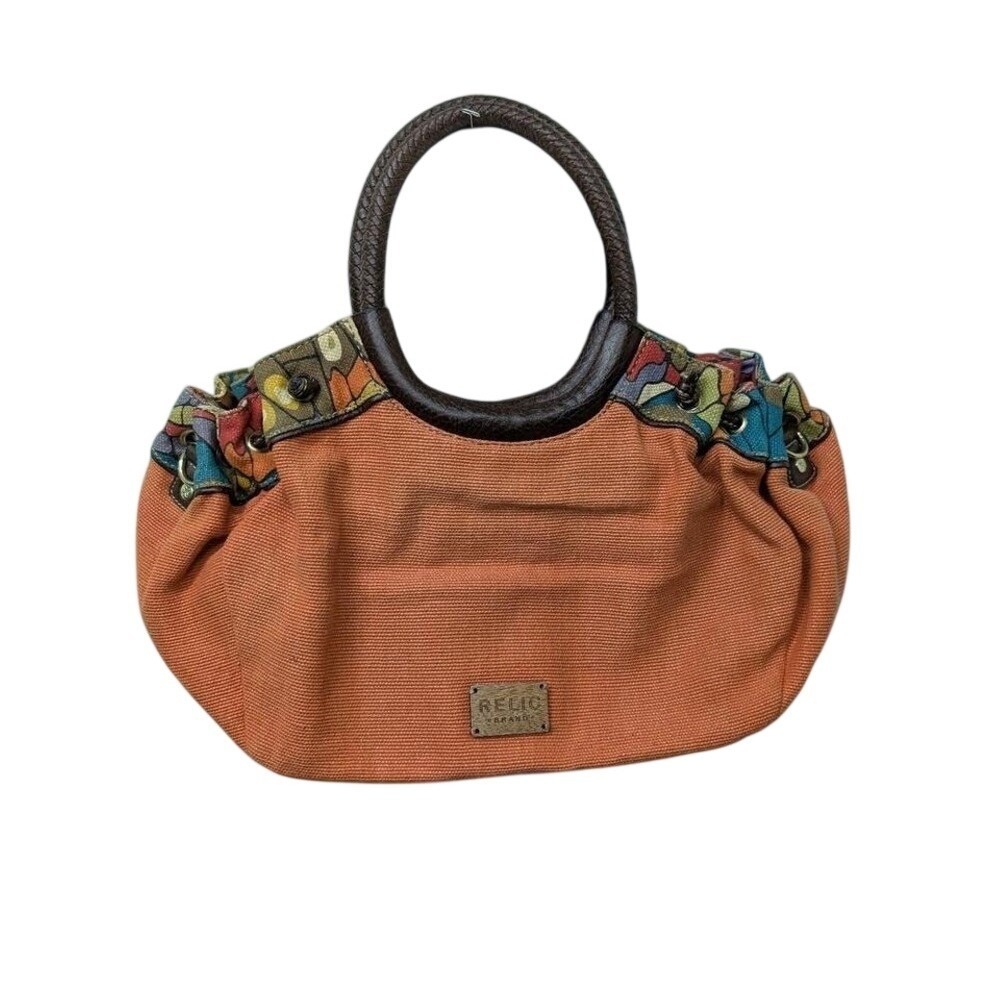 Relic orange‎ canvas purse with brown leather trim and colorful fabric